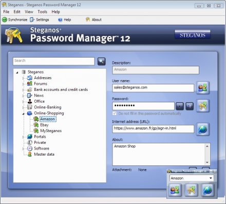 Steganos Password Manager: Main Window