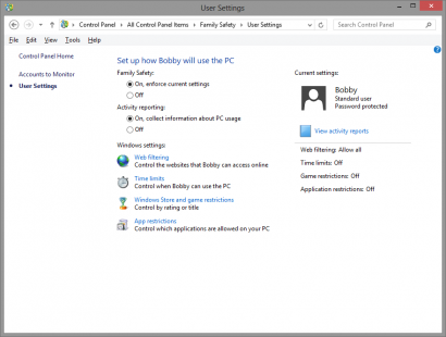 User Settings in the Family Safety Options